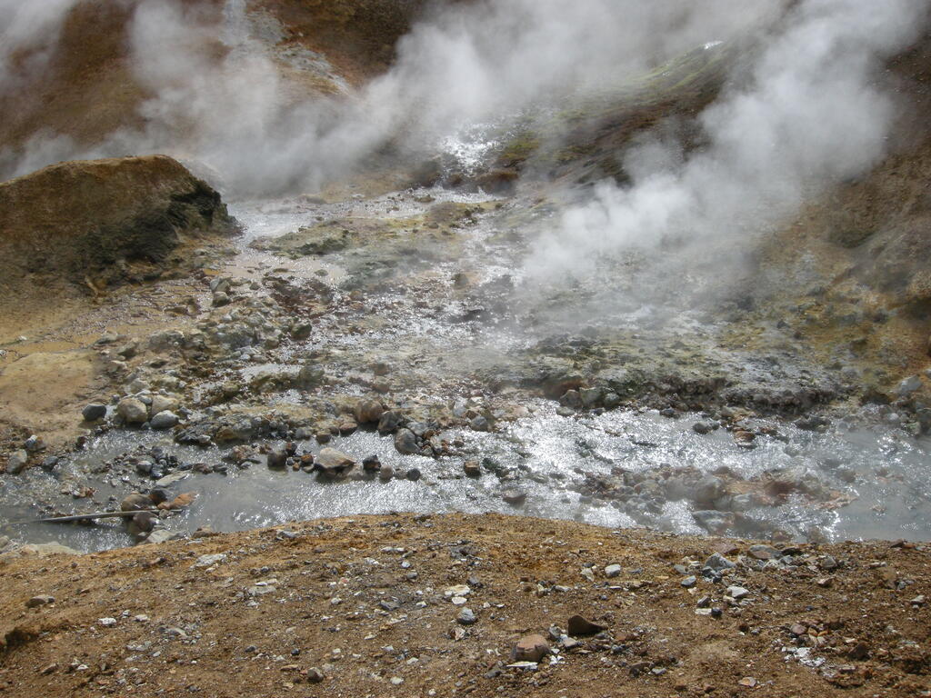 Wanderung durch das Geothermalgebiet, heiße Quellen im und am Bach