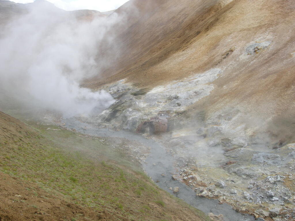 Wanderung durch das Geothermalgebiet, heiße Quellen im und am Bach
