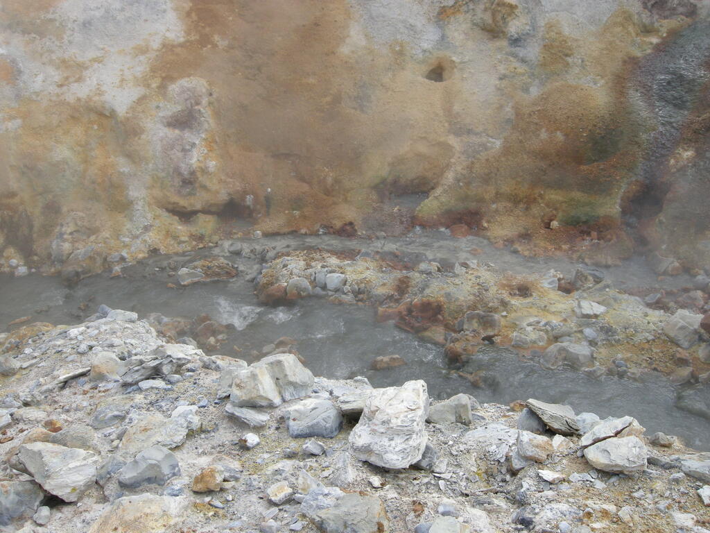 Wanderung durch das Geothermalgebiet, heiße Quellen im und am Bach
