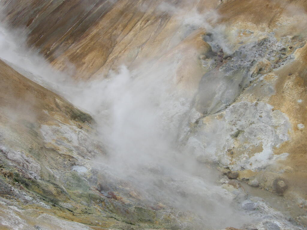 Wanderung durch das Geothermalgebiet, Dampf über dem Bach