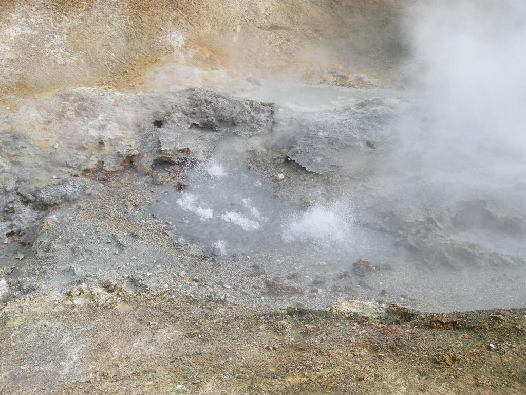 Wanderung durch das Geothermalgebiet, heiße Quelle am Weg