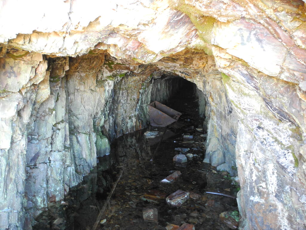 Im Stollen steht Wasser und eine alte Lore